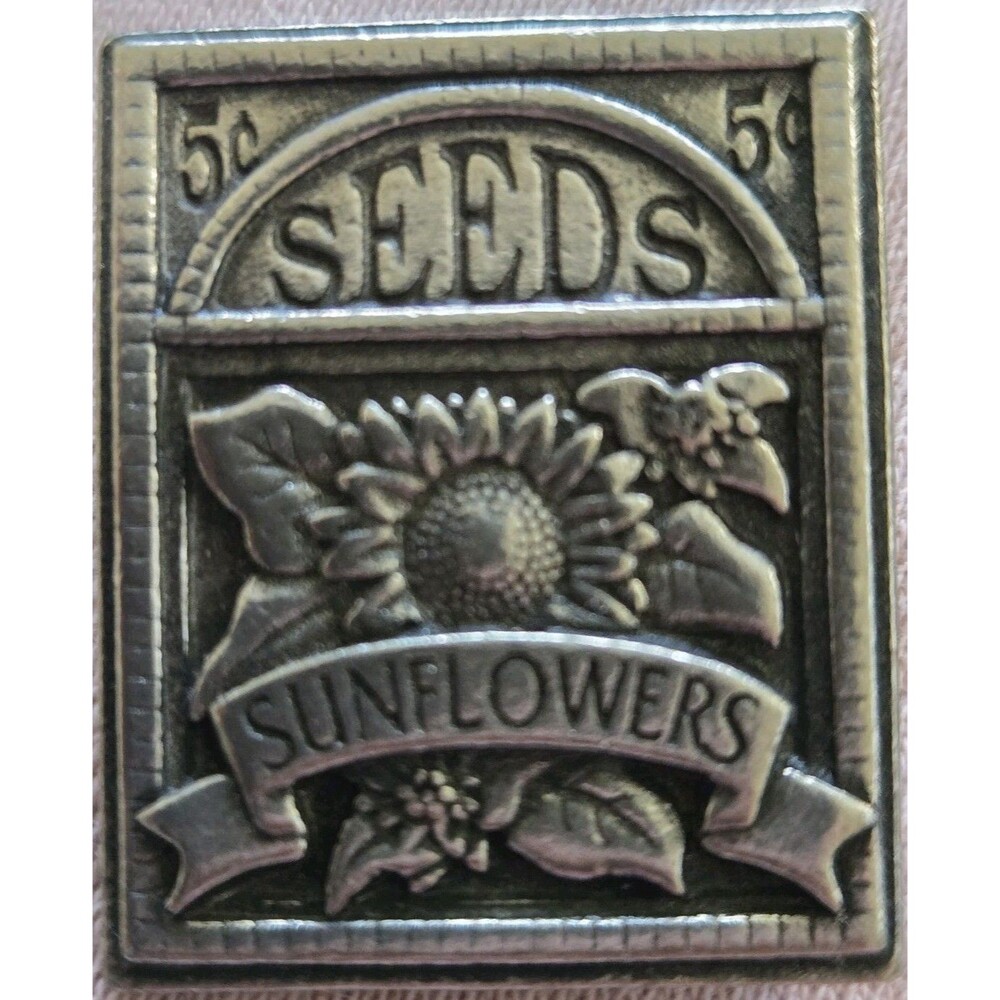 Vintage Sunflower Seeds Packet Pin Brooch Signed Birds & Bloom Signed